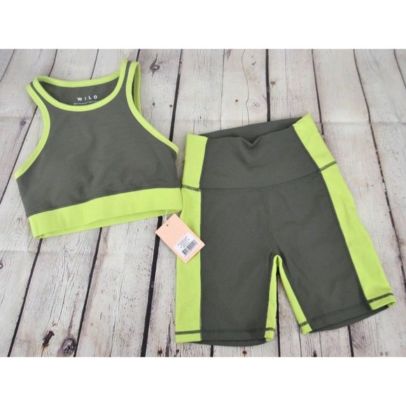 WILO Women's Racerback 6" Workout Set SIZE XS Olive‎ / Lime NWT - Picture 1 of 8